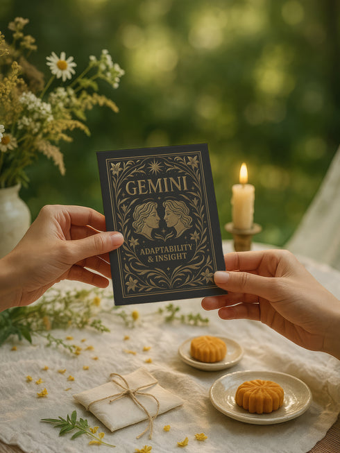 A 5x7 inch Gemini zodiac greeting card featuring twin faces in gold surrounded by floral and celestial motifs. The card reads “Adaptability & Insight” and is printed on rich 120lb silk cover stock with a soft sheen. Interior includes a ritual designed for Gemini energy, emphasizing duality, clarity, and communication. Comes with a white sealable envelope. Ideal for Gemini birthdays, moon rituals, astrological gifts, and air sign altar offerings.